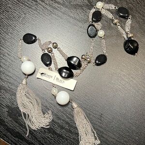 White House Black Market Black Silver White Faux Pearl Chain Tassel Belt